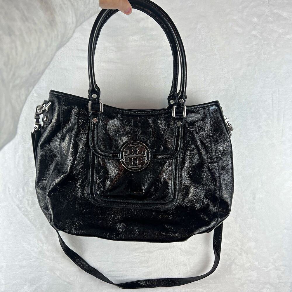 Tory Burch Black Patent Leather Tote Shoulder Bag Double T Logo Y2K Crossbody